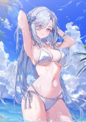 Rule 34 | 1girl, absurdres, alternate costume, armpits, arms behind back, arms up, bikini, blue sky, breasts, butterfly hair ornament, cleavage, cloud, cloudy sky, genshin impact, grey eyes, grey hair, hair ornament, hair over one eye, highres, large breasts, long hair, looking at viewer, navel, outdoors, parted lips, shenhe (genshin impact), signature, sky, stomach, sunlight, swimsuit, utsuhostoria, water, white bikini