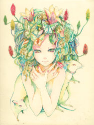 Rule 34 | 1girl, bad id, bad pixiv id, blue hair, bug, butterfly, flower, green hair, hair flower, hair ornament, insect, kashiko (phony), mouse (animal), multicolored hair, nail polish, original, pink nails, solo