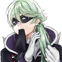 Rule 34 | 1boy, ascot, black ascot, black jacket, black ribbon, brushing hair, delicious party precure, domino mask, gloves, green hair, hair between eyes, hair down, hand in own hair, highres, jacket, long hair, looking at viewer, male focus, mask, mouth hold, narcistoru, precure, purple eyes, ribbon, simple background, solo, spikes, supportasse, teeth, teeth hold, upper body, upper teeth only, white background, white gloves, yufu kyouko