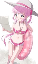 Rule 34 | 1girl, bikini, blush, breasts, cleavage, earrings, frilled bikini, frills, grey hat, hat, highres, holding, holding paper, jewelry, kazairo kotone, large breasts, long hair, looking to the side, paper, pink bikini, pink hair, ponytail, rpg fudousan, sandals, simple background, sincos, solo, swimsuit, tagme, white background, witch