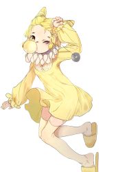 Rule 34 | 1girl, animal ears, bags under eyes, bbi, blonde hair, blowing bubbles, chewing gum, creatures (company), dress, forehead, frilled dress, frilled shirt collar, frilled sleeves, frills, game freak, gen 1 pokemon, hand up, highres, hypno, long sleeves, nail polish, neck ruff, nintendo, one eye closed, pajamas, pendulum, personification, pokemon, slippers, star (symbol), tapir ears, thighhighs, white neckwear, yellow dress, yellow eyes, yellow footwear, yellow nails, yellow thighhighs
