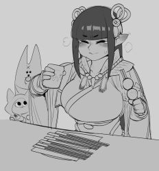 Rule 34 | 1girl, 2others, blunt bangs, breasts, capcom, chopsticks, closed eyes, commentary, cup, dango, eating, english commentary, felyne, fewer digits, food, greyscale, hair ornament, highres, holding, holding cup, holding food, japanese clothes, jewelry, krekkov, large breasts, minoto, monochrome, monster hunter (series), monster hunter rise, multiple others, necklace, pointy ears, sketch, steam, sweatdrop, teacup, tearing up, wagashi