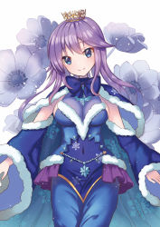Rule 34 | 1girl, anemone (flower), anemone (flower knight girl), blue bow, blue cape, blue dress, blue eyes, blue sleeves, bow, breasts, cape, capelet, closed mouth, covered navel, cowboy shot, crown, detached sleeves, dress, floral background, flower, flower knight girl, head tilt, kusumoto miya, long hair, looking at viewer, medium breasts, name connection, no nose, object namesake, purple hair, sideboob, smile, snowflake print, solo, standing, swept bangs