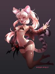 Rule 34 | 10s, 1girl, animal ear fluff, animal ears, armpits, bikini, bikini top only, black thighhighs, blade &amp; soul, blonde hair, breasts, cat ears, cat tail, cleavage, cropped jacket, grey background, high heels, jacket, jewelry, jumping, korean text, long hair, lowleg, lowleg shorts, lyn (blade &amp; soul), navel, necklace, off shoulder, open mouth, outstretched arms, ponytail, red eyes, shoes, short shorts, shorts, simple background, smd (dsuz5554), solo, swimsuit, sword, tail, thighhighs, thighs, tiger ears, tiger tail, very long hair, weapon