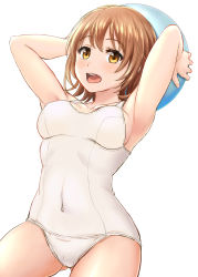 Rule 34 | 10s, 1girl, :d, armpits, arms behind head, arms up, ball, beachball, breasts, brown eyes, brown hair, covered clitoris, covered erect nipples, cowboy shot, eyebrows, gluteal fold, highres, holding, holding ball, inanaki shiki, isshiki iroha, looking at viewer, old school swimsuit, one-piece swimsuit, open mouth, school swimsuit, short hair, simple background, skin tight, small breasts, smile, solo, swimsuit, white background, white one-piece swimsuit, white school swimsuit, yahari ore no seishun lovecome wa machigatteiru.