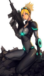 Rule 34 | 1girl, absurdres, armor, blonde hair, blue eyes, bodysuit, breasts, full body, ghost (starcraft), goggles, goggles on head, gun, highres, ice (ice factory), kneeling, lips, neon trim, nose, nova (starcraft), on one knee, ponytail, power armor, rifle, simple background, skin tight, small breasts, solo, starcraft, weapon