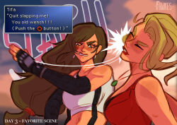 Rule 34 | 2girls, absurdres, artist name, bare shoulders, battle, black gloves, blonde hair, breasts, brown hair, character name, clenched teeth, closed eyes, crop top, dangle earrings, dialogue box, dress, earrings, elbow gloves, english text, fawkesart, final fantasy, final fantasy vii, fingerless gloves, furrowed brow, gloves, hair tie, highres, jewelry, large breasts, long hair, low-tied long hair, midriff, multiple girls, necklace, parted lips, red dress, red eyes, red lips, scarlet (ff7), shirt, slap mark, slap mark on face, slapping, sleeveless, sleeveless shirt, suspenders, teeth, tifa lockhart, updo, upper body, white shirt