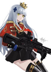 Rule 34 | 1girl, assault rifle, black gloves, black skirt, black thighhighs, boots, breasts, capelet, chaciooh, cleavage, commentary, cowboy shot, crown, epaulettes, facial mark, foregrip, girls&#039; frontline, gloves, green eyes, gun, h&amp;k hk416, hair ornament, highres, hk416 (girls&#039; frontline), hk416 (percussive bolero) (girls&#039; frontline), holding, holding gun, holding weapon, large breasts, long hair, looking at viewer, official alternate costume, red capelet, rifle, signature, silver hair, skirt, solo, thigh boots, thighhighs, trigger discipline, weapon, white background