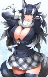 Rule 34 | 1girl, animal ears, between breasts, black hair, black jacket, black thighhighs, blue eyes, breasts, cleavage, commentary request, cowboy shot, dated, fur collar, gloves, grey wolf (kemono friends), happa (cloverppd), heterochromia, jacket, kemono friends, large breasts, long hair, long sleeves, looking at viewer, miniskirt, multicolored hair, necktie, partially unbuttoned, pleated skirt, skirt, solo, tail, thighhighs, two-tone hair, white gloves, white hair, wolf ears, wolf tail, yellow eyes
