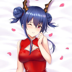 Rule 34 | 1girl, arknights, bare shoulders, blush, breasts, ch&#039;en (ageless afterglow) (arknights), ch&#039;en (arknights), china dress, chinese clothes, cirnos, cleavage, cleavage cutout, clothing cutout, double bun, dragon horns, dress, hair between eyes, hair bun, hand up, horns, lips, long hair, looking at viewer, lying, medium breasts, official alternate costume, on back, on bed, one eye closed, petals, red dress, red eyes, sidelocks, sleeveless, sleeveless dress, solo, upper body