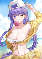 Rule 34 | 1girl, arm up, armpits, backwards hat, bare shoulders, baseball cap, bb (fate), bb (fate) (all), bb (swimsuit mooncancer) (fate), beach, blue sky, blush, braid, breasts, character name, chewing gum, cleavage, cloud, cloudy sky, collarbone, commentary request, day, fate/grand order, fate (series), female focus, front-tie top, hair between eyes, hat, horizon, jacket, large breasts, long hair, long sleeves, midriff, navel, neck, ocean, off shoulder, one eye closed, outdoors, pleated skirt, purple eyes, purple hair, sand, shiao, sidelocks, single braid, skirt, sky, solo, strapless, type-moon, underboob, v, v-shaped eyebrows, very long hair, water, white hat, wink, yellow jacket, yellow skirt