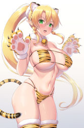 Rule 34 | 1girl, animal ears, animal hands, animal print, bell, bikini, blonde hair, blush, braid, breasts, chinese zodiac, cleavage, covered erect nipples, eyepatch bikini, fairy, fake animal ears, fake tail, fang, feet out of frame, from side, fur-trimmed legwear, fur collar, fur trim, gloves, gradient background, grey background, hair between eyes, hands up, highleg, highleg bikini, highres, huge breasts, kawase seiki, large breasts, leafa, long ears, long hair, looking at viewer, looking to the side, multi-strapped bikini, navel, neck bell, o-ring, o-ring bottom, open mouth, paw gloves, pointy ears, ponytail, print bikini, print thighhighs, shiny skin, sideboob, sidelocks, skindentation, solo, stomach, strapless, strapless bikini, striped bikini, striped clothes, striped thighhighs, swimsuit, sword art online, tail, thighhighs, thighs, tiger ears, tiger paws, tiger print, tiger stripes, tiger tail, tongue, twin braids, underboob, v-shaped eyebrows, very long hair, white background, year of the tiger, yellow bikini