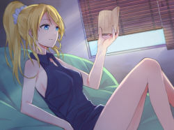 Rule 34 | 10s, 1girl, ayase eli, window blinds, blonde hair, blue eyes, breasts, collared shirt, from side, hair ornament, hair scrunchie, high ponytail, highres, love live!, love live! school idol project, megumegu hosi 117, no bra, ponytail, scrunchie, shirt, sideboob, sleeveless, sleeveless shirt, solo