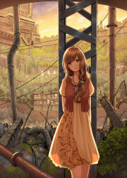 Rule 34 | 1girl, absurdres, arms behind back, brown eyes, brown hair, bush, closed mouth, collarbone, commentary request, dress, drum (container), floral print, frown, hair ornament, hair scrunchie, head tilt, highres, house, industrial pipe, long hair, mole, mole under mouth, moss, original, outdoors, ponytail, railing, rebar, revision, rust, scenery, scrunchie, short sleeves, solo, standing, swept bangs, yellow dress, yuuki koutarou