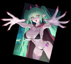 Rule 34 | 1girl, absurdres, bikini, black bikini, breasts, cape, condom, condom packet strip, condom wrapper, eonsang, fingernails, girls&#039; frontline, green eyes, green hair, hair between eyes, highres, horns, large breasts, long fingernails, long hair, looking at viewer, micro uzi (girls&#039; frontline), navel, o-ring, o-ring bikini, open mouth, outstretched arms, red cape, red nails, side-tie bikini bottom, solo, swimsuit, teeth, twintails, very long hair