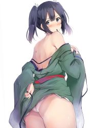 Rule 34 | 10s, 1girl, ass, bare shoulders, blue eyes, blue hair, blush, breasts, hair ribbon, highres, japanese clothes, kantai collection, large breasts, looking back, matching hair/eyes, md5 mismatch, mouth hold, off shoulder, panties, resized, resolution mismatch, ribbon, sash, short hair, simple background, solo, source larger, souryuu (kancolle), sumisu (mondo), twintails, underwear, undressing, white background, white panties