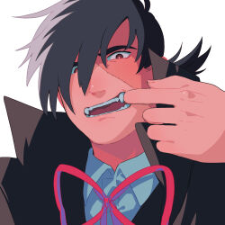 Rule 34 | 1boy, black coat, black hair, black jack (character), black jack (series), bright pupils, coat, collared shirt, fangs, finger in own mouth, hair over one eye, husagin, looking at viewer, male focus, mouth pull, multicolored hair, neck ribbon, open mouth, patchwork skin, portrait, red eyes, red ribbon, ribbon, scar, scar on face, shirt, short hair, simple background, solo, split-color hair, two-tone hair, white background, white hair, white pupils, white shirt