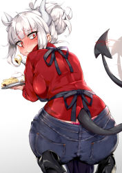 Rule 34 | 1girl, ass, breasts, demon girl, demon horns, demon tail, food, helltaker, horns, long hair, looking at viewer, lucifer (helltaker), mole, mole under eye, naha78, pancake, panties, panty peek, red eyes, red shirt, shirt, simple background, solo, tail, tail wagging, underwear, whale tail (clothing), white hair, white horns