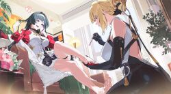 2girls applying_pedicure astra_yao bare_legs barefoot black_gloves black_hair black_pants blonde_hair braid braided_bun breasts commentary couch dress evelyn_chevalier feet gloves hair_bun hairband heart highres holding holding_phone indoors jacket lamp large_breasts legs multiple_girls nail_polish on_couch pants phone purple_eyes red_eyes red_jacket shirt sitting spoken_heart toenail_polish toenails toes uoongpig white_dress white_hairband white_shirt zenless_zone_zero