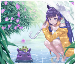 Rule 34 | 1girl, absurdres, anklet, barefoot, blunt bangs, dress, frog, gradient hair, highres, holding, hololive, hololive english, jewelry, kiwwwwwi, long hair, multicolored hair, ninomae ina&#039;nis, open mouth, orange hair, pointy ears, purple hair, rain, raincoat, smile, takodachi (ninomae ina&#039;nis), tentacle hair, tentacles, transparent, transparent umbrella, umbrella, very long hair, violet (ninomae ina&#039;nis), virtual youtuber, water drop, wet, yellow raincoat