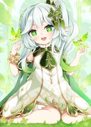 Rule 34 | + +, 1girl, :d, commentary request, crystalfly (genshin impact), dress, genshin impact, green eyes, green hair, hair between eyes, hair ornament, hands up, head tilt, highres, long hair, looking at viewer, maki soutoki, multicolored hair, nahida (genshin impact), on grass, open mouth, pointy ears, short shorts, shorts, side ponytail, sitting, sleeveless, sleeveless dress, smile, solo, teeth, two-tone hair, upper teeth only, wariza, white dress, white shorts