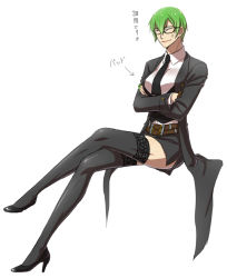 Rule 34 | 1boy, 1girl, anger vein, arc system works, arin66, belt, black thighhighs, blazblue, breast padding, breasts, crossdressing, crossed arms, crossed legs, closed eyes, formal, genderswap, genderswap (mtf), green hair, hazama, high heels, jacket, lace, lace-trimmed legwear, lace trim, large breasts, md5 mismatch, miniskirt, multiple belts, nail polish, necktie, pencil skirt, shoes, short hair, sitting, skirt, skirt suit, solo, suit, thighhighs, translation request