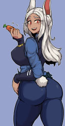 Rule 34 | 1girl, absurdres, animal ear fluff, animal ears, ass, blue background, blue pants, blue shirt, boku no hero academia, bulletproof vest, carrot, clothing cutout, cosplay, dark-skinned female, dark skin, dinoyhs, fangs, from side, grin, highres, holding, holding pen, judy hopps, judy hopps (cosplay), long eyelashes, long hair, looking at viewer, looking back, mirko, muscular, muscular female, open mouth, pants, pen, police, police badge, police uniform, policewoman, rabbit ears, rabbit girl, rabbit tail, red eyes, shirt, simple background, smile, solo, tail, tail through clothes, teeth, thick thighs, thighs, uniform, upper teeth only, walkie-talkie, white hair, zootopia