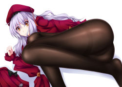 Rule 34 | 1girl, artist request, ass, cameltoe, capelet, caren hortensia, caren hortensia (amor caren), closed mouth, dress shirt, fate/grand order, fate (series), hat, long hair, long sleeves, looking at viewer, lying, on side, orange eyes, pantyhose, pleated skirt, red capelet, red hat, red shirt, red skirt, red sleeves, shirt, silver hair, skirt, smile, solo, very long hair