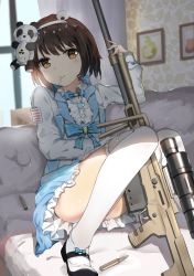 Rule 34 | 1girl, ammunition, animal hair ornament, bad id, bad pixiv id, between legs, black footwear, blue dress, blush, brown hair, candy, cartridge, closed mouth, convenient leg, couch, curtains, dress, even (even yiwen), food, frilled dress, frills, gun, hairband, highres, indoors, jewelry, light particles, lollipop, long sleeves, looking at viewer, necklace, on couch, photo (object), pinafore dress, radiation symbol, rifle, shirt, shoes, short hair, sitting, sleeveless dress, sleeves past wrists, smile, sniper rifle, solo, stuffed animal, stuffed panda, stuffed toy, tareme, thighhighs, thighs, weapon, weapon request, white hairband, white shirt, white thighhighs, window, yellow eyes