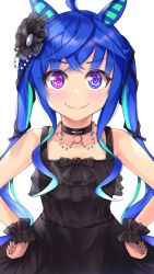 Rule 34 | 1girl, @ @, ahoge, animal ears, black dress, blonde hair, blue eyes, blush, choker, collarbone, commentary request, crossed bangs, dress, fang, frilled dress, frills, hair ornament, hands on own hips, heterochromia, highres, horse ears, long hair, looking at viewer, popoidraw, purple eyes, simple background, skin fang, sleeveless, sleeveless dress, smile, solo, twin turbo (umamusume), umamusume, upper body, white background, wrist cuffs