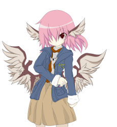 Rule 34 | 1girl, absurdres, alternate costume, alternate hairstyle, animal ears, bad id, bad pixiv id, casual, contemporary, female focus, hair over one eye, highres, mystia lorelei, pink hair, short hair, simple background, solo, standing, tou no makura, touhou, white background, wings