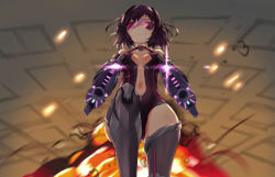 Rule 34 | 1girl, android, bare shoulders, black hair, breasts, commentary, dual wielding, explosion, expressionless, girls&#039; frontline, gun, highres, holding, looking at viewer, looking down, navel, pink-tinted eyewear, purple-tinted eyewear, purple eyes, ripper (girls&#039; frontline), sangvis ferri, short hair, small breasts, solo, tad liou, tinted eyewear, visor, weapon