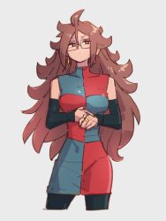 Rule 34 | 1girl, android 21, breasts, brown eyes, brown hair, checkered clothes, checkered dress, dragon ball, dragon ball fighterz, dress, earrings, glasses, grey background, hair between eyes, hoop earrings, jewelry, kemachiku, long hair, medium breasts, pantyhose, simple background, solo