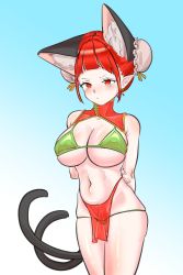 Rule 34 | 1girl, :/, absurdres, alternate hairstyle, animal ear fluff, animal ears, arms behind back, bad id, bad pixiv id, bare shoulders, bikini, blue background, blush, breasts, bun cover, cat ears, cat tail, cowboy shot, double bun, earrings, extra ears, ftsloth, gradient background, hair bun, highres, jewelry, kaenbyou rin, large breasts, multiple tails, navel, nekomata, pointy ears, red eyes, red hair, solo, swimsuit, tail, thighs, touhou, two tails, underboob, v-shaped eyebrows