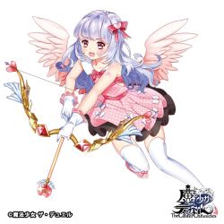 Rule 34 | :d, angel wings, arrow (projectile), blush, bow, bow (weapon), fujishiro kokoa, full body, gloves, hair bow, hair ornament, heart, heart arrow, heart hair ornament, long hair, looking at viewer, official art, open mouth, original, pink bow, pink eyes, pink skirt, silver hair, skirt, smile, solo, the caster chronicles, thighhighs, weapon, white gloves, white thighhighs, wings