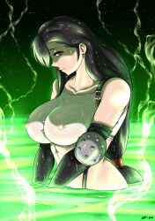 Rule 34 | 1girl, absurdres, black hair, breasts, covered erect nipples, final fantasy, final fantasy vii, highres, large breasts, long hair, looking at viewer, midriff, red eyes, see-through, solo, square enix, suspenders, tank top, tifa lockhart, wet
