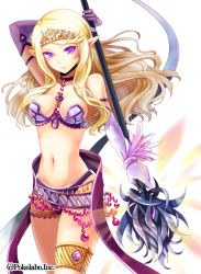 Rule 34 | 1girl, bare shoulders, black panties, blonde hair, breasts, closed mouth, collar, elbow gloves, expressionless, female focus, gloves, hinariaoba, holding, holding weapon, jewelry, long hair, looking at viewer, midriff, navel, original, panties, pointy ears, purple eyes, purple gloves, simple background, solo, tiara, underwear, weapon