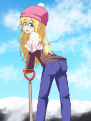 Rule 34 | 1girl, :d, alternate costume, arched back, ass, blonde hair, blue eyes, capelet, cato (monocatienus), cloud, contemporary, day, denim, fairy wings, from behind, hair between eyes, hat, jeans, leaning forward, leaning on object, lily white, long hair, looking at viewer, looking back, mittens, open mouth, pants, pocket, pom pom (clothes), shovel, sky, smile, snow, solo, touhou, wavy hair, wings, winter clothes, worktool