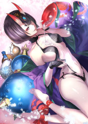 Rule 34 | 1girl, alcohol, ankle ribbon, bare shoulders, black hair, blush, bob cut, breasts, cup, dutch angle, fangs, fate/grand order, fate (series), gourd, headpiece, highres, horns, japanese clothes, kimono, leg ribbon, long sleeves, looking at viewer, navel, open clothes, open kimono, parted lips, petals, purple eyes, revealing clothes, ribbon, sakazuki, sake, short eyebrows, shuten douji (fate), shuten douji (first ascension) (fate), skin-covered horns, small breasts, smile, solo, spilling, stomach, three k (spiritus no honoo), wide sleeves