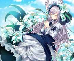 Rule 34 | 1girl, bonnet, chin strap, closed eyes, cloud, cross-laced clothes, day, dress, dutch angle, flower, frills, furoria (shironeko project), hair ornament, hat, hat flower, highres, interlocked fingers, lily (flower), lolita fashion, long hair, long sleeves, niyasuke (yama), own hands clasped, own hands together, purple hair, shironeko project, sky, solo, very long hair