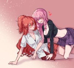 Rule 34 | 2girls, :d, aaaaddddd, akuma no riddle, all fours, arm support, black bra, blush, bra, breasts, cleavage, collarbone, collared shirt, crop top, dress shirt, drill hair, eye contact, floating hair, gradient background, hair between eyes, inukai isuke, large breasts, long hair, long sleeves, looking at another, medium breasts, miniskirt, multiple girls, nail polish, navel, open mouth, pink hair, plaid, plaid skirt, pleated skirt, purple nails, purple skirt, red background, red hair, red skirt, sagae haruki, shirt, skirt, smile, stomach, twin drills, underwear, very long hair, white background, white shirt, wing collar, yellow eyes, yuri