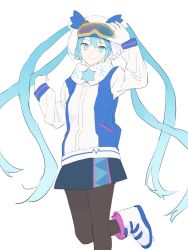 Rule 34 | 1girl, ankle boots, blue eyes, blue hair, boots, closed mouth, gloves, goggles, goggles on head, gradient hair, grey skirt, hand up, hatsune miku, highres, jacket, letterman jacket, long hair, long sleeves, looking at viewer, miniskirt, multicolored hair, pantyhose, quad tails, sankomichi, simple background, skirt, smile, solo, standing, standing on one leg, very long hair, vocaloid, white background, white footwear, white gloves, winter clothes, yuki miku