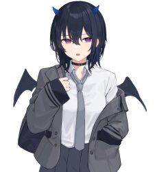 Rule 34 | 1girl, bag, black choker, black hair, blazer, blue hair, blue horns, choker, collared shirt, demon horns, demon wings, grey necktie, grey skirt, hand in pocket, horns, ichinose uruha, ichinose uruha (6th costume), jacket, lupinus virtual games, multicolored hair, necktie, open clothes, open jacket, open mouth, pleated skirt, purple eyes, school bag, shirt, short hair, single off shoulder, skirt, small horns, sn kaze, solo, streaked hair, upper body, virtual youtuber, vspo!, white background, white shirt, wings