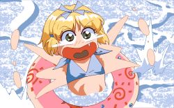 Rule 34 | 1990s (style), 1girl, 2 shot diary 2, afterimage, animated, animated gif, armpits, bare arms, bare shoulders, bikini, blonde hair, blue bikini, emi (2 shot diary 2), fang, game cg, innertube, may-be soft, outdoors, partially submerged, pc98, retro artstyle, scared, solo, swim ring, swimsuit, tagme, tearing up, upper body, water