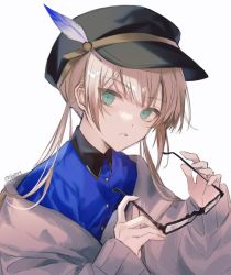 Rule 34 | 1boy, aqua eyes, black hat, blue shirt, captain nemo (fate), cardigan, fate/grand order, fate (series), glasses, hair between eyes, hat, hat feather, holding, holding removed eyewear, light brown hair, long hair, long sleeves, looking at viewer, male focus, nemo (fate), parted lips, sherry 0014, shirt, simple background, solo, trap, twitter username, unworn eyewear, upper body, white background