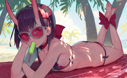 Rule 34 | 1girl, ankle bow, ankle ribbon, ass, bare shoulders, barefoot, beach, bikini, black bikini, blue sky, bow, butt crack, choker, cloud, collarbone, dappled sunlight, day, fate/grand order, fate (series), feet, feet up, female focus, flat ass, flat chest, flower, food, full body, hair flower, hair ornament, hibiscus, horns, leg ribbon, lips, looking at viewer, lying, mouth hold, ocean, on stomach, outdoors, palm tree, popsicle, red bow, red ribbon, ribbon, ribbon choker, short hair, shuten douji (fate), sky, soles, solo, string bikini, sunglasses, sunlight, swimsuit, the pose, timbougami, tree, water