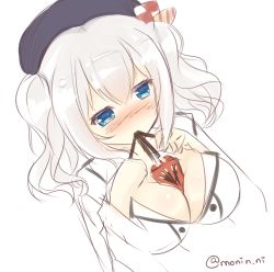 Rule 34 | 1girl, beret, between breasts, blue eyes, blush, bow, breasts, buttons, creative commons, eating, female focus, food, hair between eyes, hands on own chest, hat, hat bow, highres, kantai collection, kashima (kancolle), large breasts, mony, nose blush, package, pocky, short hair, sidelocks, simple background, sketch, solo, twintails, upper body, watery eyes, white background, white hair