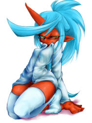 Rule 34 | 10s, 1girl, blue hair, breasts, colored skin, glasses, green eyes, highres, horns, kneeling, kneesocks (psg), long hair, nabe (ingenmame), panty &amp; stocking with garterbelt, pointy ears, red skin, simple background, single horn, small breasts, solo, thighhighs, very long hair, white background, white thighhighs