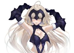 Rule 34 | 1girl, absurdres, ahoge, armpits, arms up, black dress, black gloves, blonde hair, blush, breasts, cleavage, dress, elbow gloves, fate/grand order, fate (series), fur trim, gauntlets, gloves, headpiece, highres, jeanne d&#039;arc (fate), jeanne d&#039;arc alter (avenger) (fate), jeanne d&#039;arc alter (avenger) (third ascension) (fate), jeanne d&#039;arc alter (fate), jikatarou, large breasts, long hair, looking at viewer, medium breasts, navel, open mouth, platinum blonde hair, revealing clothes, simple background, solo, sweatdrop, upper body, white background, yellow eyes