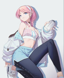 Rule 34 | 1girl, arknights, bare shoulders, belly, black pants, blue eyes, blue poison (arknights), blue poison (shoal beat) (arknights), blue shorts, braid, breasts, camisole, choker, commentary request, crop top, drop shadow, earrings, foot out of frame, grey background, hairband, high-waist shorts, highres, holding, jacket, jewelry, leggings, long sleeves, looking at viewer, midriff, navel, off shoulder, official alternate costume, open clothes, open jacket, pants, pink choker, pink hair, shoes, short hair, short shorts, shorts, simple background, small breasts, sneakers, solo, spaghetti strap, sports bra, stomach, twin braids, white footwear, white hairband, white jacket, yosan